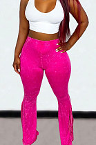 Rose Red Euramerican Bodycon Tassel Casual Long Pants High Waist Tiny Flared Pants KZ2132-3