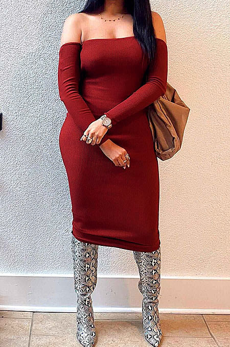 Wine Red Euramerican Fashion Women Sexy A Word Shoulder Solid Color Strapless Mid Dress NL6092-1