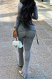 Gray Euramerican Women Trendy Drawsting Long Sleeve Tops Bodycon Solid Color Tiny Flared Pants Sets KLK186110-2