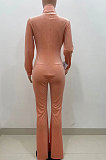 Coffee Wholesale Velvet Long Sleeve Zip Front Hoodie Flare Wide Leg Jumpsuits YX9297-5