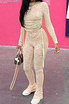 Khaki Euramerican Women Trendy Drawsting Long Sleeve Tops Bodycon Solid Color Tiny Flared Pants Sets KLK186110-1
