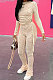 Khaki Euramerican Women Trendy Drawsting Long Sleeve Tops Bodycon Solid Color Tiny Flared Pants Sets KLK186110-1
