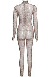 Brown Women Printing Tight Hip Raising Stand Collar Long Sleeve High Waist Bodycon Jumpsuits SX09526