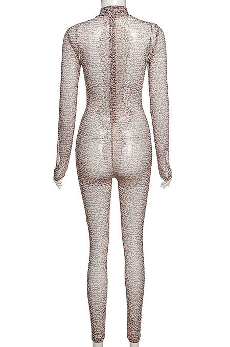 Brown Women Printing Tight Hip Raising Stand Collar Long Sleeve High Waist Bodycon Jumpsuits SX09526