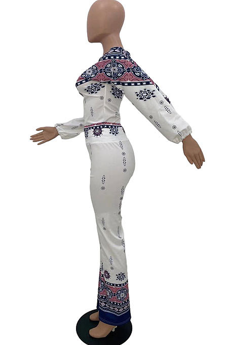 Colorful Positioning Print Long Sleeve Blouse Flare Pnats Two-Piece ZQ8116