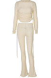 Khaki Euramerican Women Trendy Drawsting Long Sleeve Tops Bodycon Solid Color Tiny Flared Pants Sets KLK186110-1