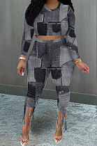 Black Euramerican Women Fashion Printing Tassel Long Sleeve Pants Sets KKY80049-2