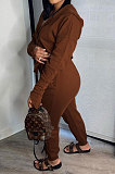 Dark Brown Euramerican Pure Color Zipper Hooded Lady Long Sleeve Long Pants Casual Sport Two-Pieces KZ2136-3