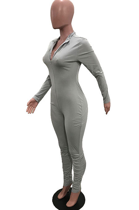Blue Cotton Blend Long Sleeve Zip Front Slim Fitting Solid Color Bodycon Jumpsuits YSH86261-3