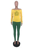 Red Cotton Blend Print A Wrod Shoulder Long Sleeve T-Shirt Sweat Pants Two-Piece LSN7118-1