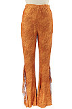 Brown Euramerican Bodycon Tassel Casual Long Pants High Waist Tiny Flared Pants KZ2132-4