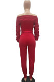 Black Women Lantern sleeve Pure Color Bodycon Fashion A Word Shoulder Elastic Force Pants Sets MR2117-2