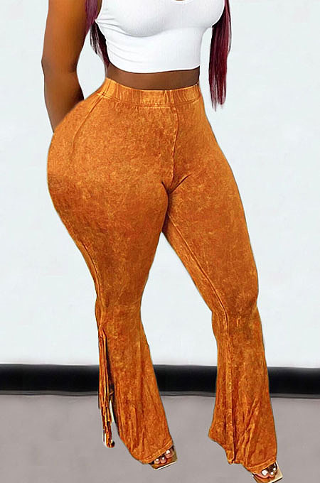 Black Euramerican Bodycon Tassel Casual Long Pants High Waist Tiny Flared Pants KZ2132-2