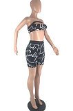 Black Modest Letter Print Strapless High Waist Shorts Two-Piece LSN7117-1