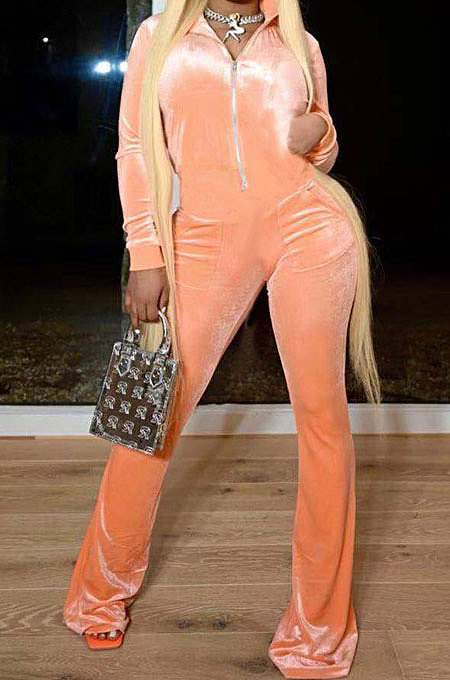 Orange Wholesale Velvet Long Sleeve Zip Front Hoodie Flare Wide Leg Jumpsuits YX9297-1
