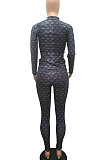 Orange Women Fashion Autumn Winter Sexy Stand Collar Tight Printing Long Sleeve Milk Silk Pants Sets MR2115-1
