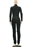 Blue Logo Print Long Sleeve Zip Front Collcet Waist Pure Color Bodycon Jumpsuits LSZ9045-1