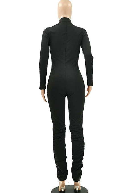 Blue Logo Print Long Sleeve Zip Front Collcet Waist Pure Color Bodycon Jumpsuits LSZ9045-1