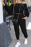 Blue Women Lantern sleeve Pure Color Bodycon Fashion A Word Shoulder Elastic Force Pants Sets MR2117-4