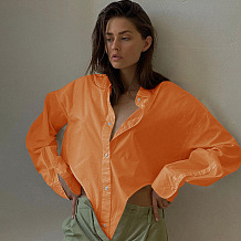 Orange Women New Pure Color Bodycon Irregular Long Sleeve Loose Cardigan Turn-Down Collar Single-Breasted Shirts FLY21205-4