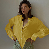 Yellow Women New Pure Color Bodycon Irregular Long Sleeve Loose Cardigan Turn-Down Collar Single-Breasted Shirts FLY21205-3
