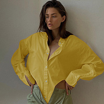 Yellow Women New Pure Color Bodycon Irregular Long Sleeve Loose Cardigan Turn-Down Collar Single-Breasted Shirts FLY21205-3