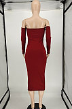 Wine Red Euramerican Fashion Women Sexy A Word Shoulder Solid Color Strapless Mid Dress NL6092-1