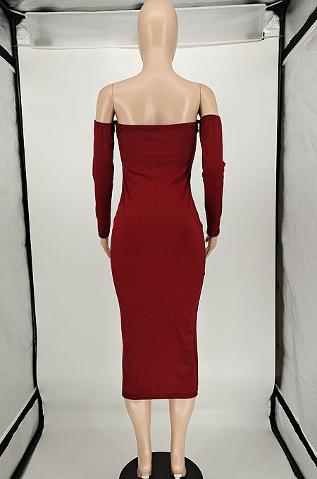 Wine Red Euramerican Fashion Women Sexy A Word Shoulder Solid Color Strapless Mid Dress NL6092-1