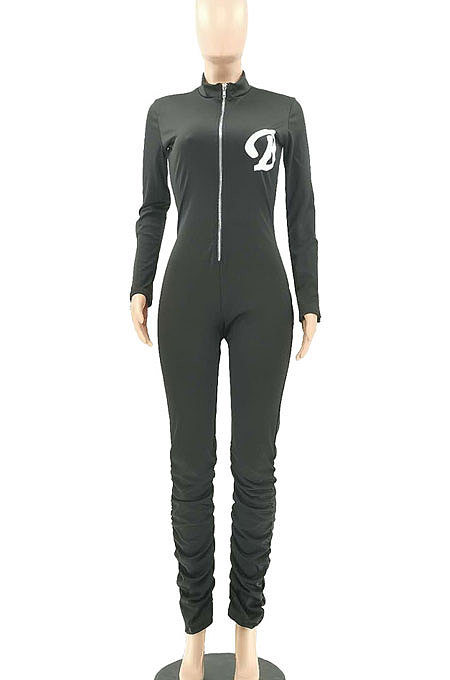 Blue Logo Print Long Sleeve Zip Front Collcet Waist Pure Color Bodycon Jumpsuits LSZ9045-1