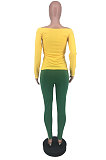 Green Cotton Blend Print A Wrod Shoulder Long Sleeve T-Shirt Sweat Pants Two-Piece LSN7118-2