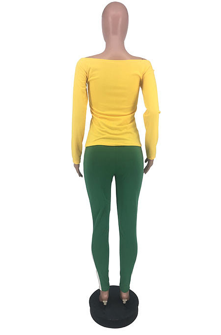 Blue Cotton Blend Print A Wrod Shoulder Long Sleeve T-Shirt Sweat Pants Two-Piece LSN7118-3