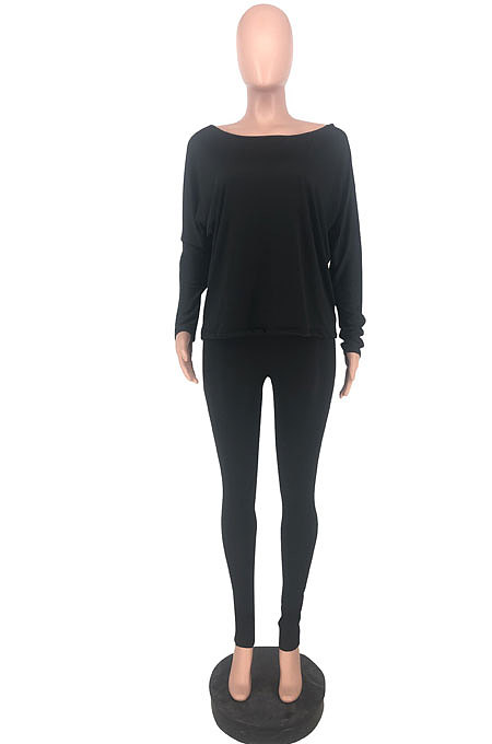 Blue Simple Long Sleeve Loose Top Bodycon Pants Casual Two-Piece LSN7119-1