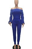 Black Women Lantern sleeve Pure Color Bodycon Fashion A Word Shoulder Elastic Force Pants Sets MR2117-2