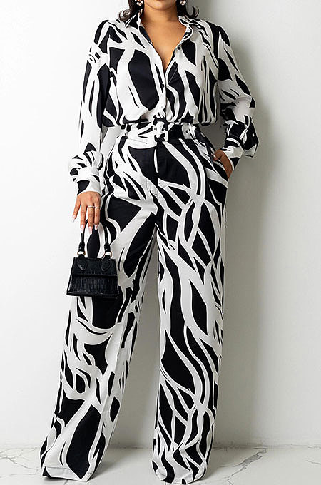 Black Women Autumn Winter Irregular Printing Lady Shirts Casual Loose With Waistband Pants Sets KZ2135-2