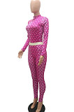Orange Women Fashion Autumn Winter Sexy Stand Collar Tight Printing Long Sleeve Milk Silk Pants Sets MR2115-1