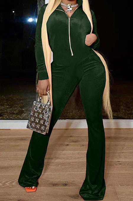 Drak Green Wholesale Velvet Long Sleeve Zip Front Hoodie Flare Wide Leg JumpsuitsYX9297-3