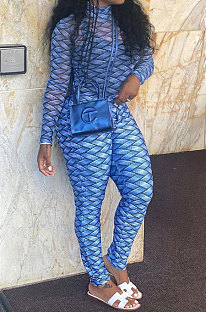 Blue Women Fashion Autumn Winter Sexy Stand Collar Tight Printing Long Sleeve Milk Silk Zipper Bodycon Jumpsuits MR2116-1