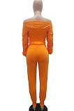 Blue Women Lantern sleeve Pure Color Bodycon Fashion A Word Shoulder Elastic Force Pants Sets MR2117-4