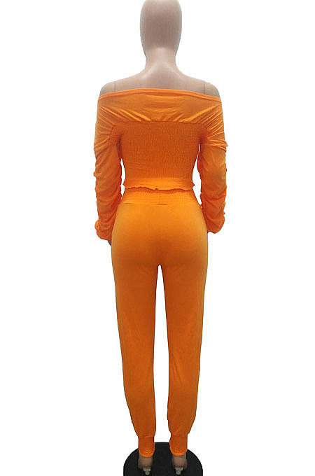 Blue Women Lantern sleeve Pure Color Bodycon Fashion A Word Shoulder Elastic Force Pants Sets MR2117-4