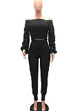 Blue Women Lantern sleeve Pure Color Bodycon Fashion A Word Shoulder Elastic Force Pants Sets MR2117-4