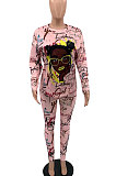 Gray Women Trendy Printing Long Sleeve Round Collar Casual Pants Sets KKY80056-3