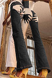 Blue Contrast Color Palm Tight High Waist Spliced Sexy Jeans Pants FLY21444-3