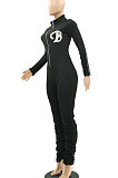 Wine Red Logo Print Long Sleeve Zip Front Collcet Waist Pure Color Bodycon Jumpsuits LSZ9045-2