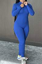 Blue Cotton Blend Long Sleeve Zip Front Slim Fitting Solid Color Bodycon Jumpsuits YSH86261-3
