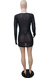 Black Sexy Mesh See-Through Long Sleeve Round Collar Solid Color Mini Dress YSH86263-2