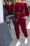 Black Women Lantern sleeve Pure Color Bodycon Fashion A Word Shoulder Elastic Force Pants Sets MR2117-2