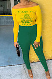 Red Cotton Blend Print A Wrod Shoulder Long Sleeve T-Shirt Sweat Pants Two-Piece LSN7118-1
