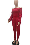 Black Women Lantern sleeve Pure Color Bodycon Fashion A Word Shoulder Elastic Force Pants Sets MR2117-2