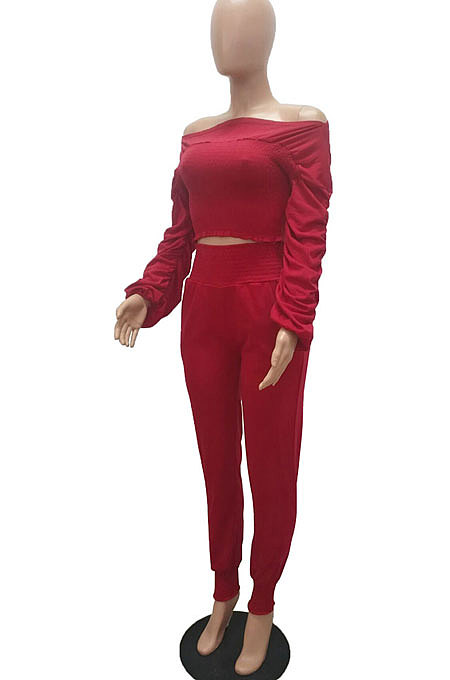 Black Women Lantern sleeve Pure Color Bodycon Fashion A Word Shoulder Elastic Force Pants Sets MR2117-2