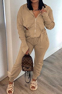 Khaki Euramerican Pure Color Zipper Hooded Lady Long Sleeve Long Pants Casual Sport Two-Pieces KZ2136-4